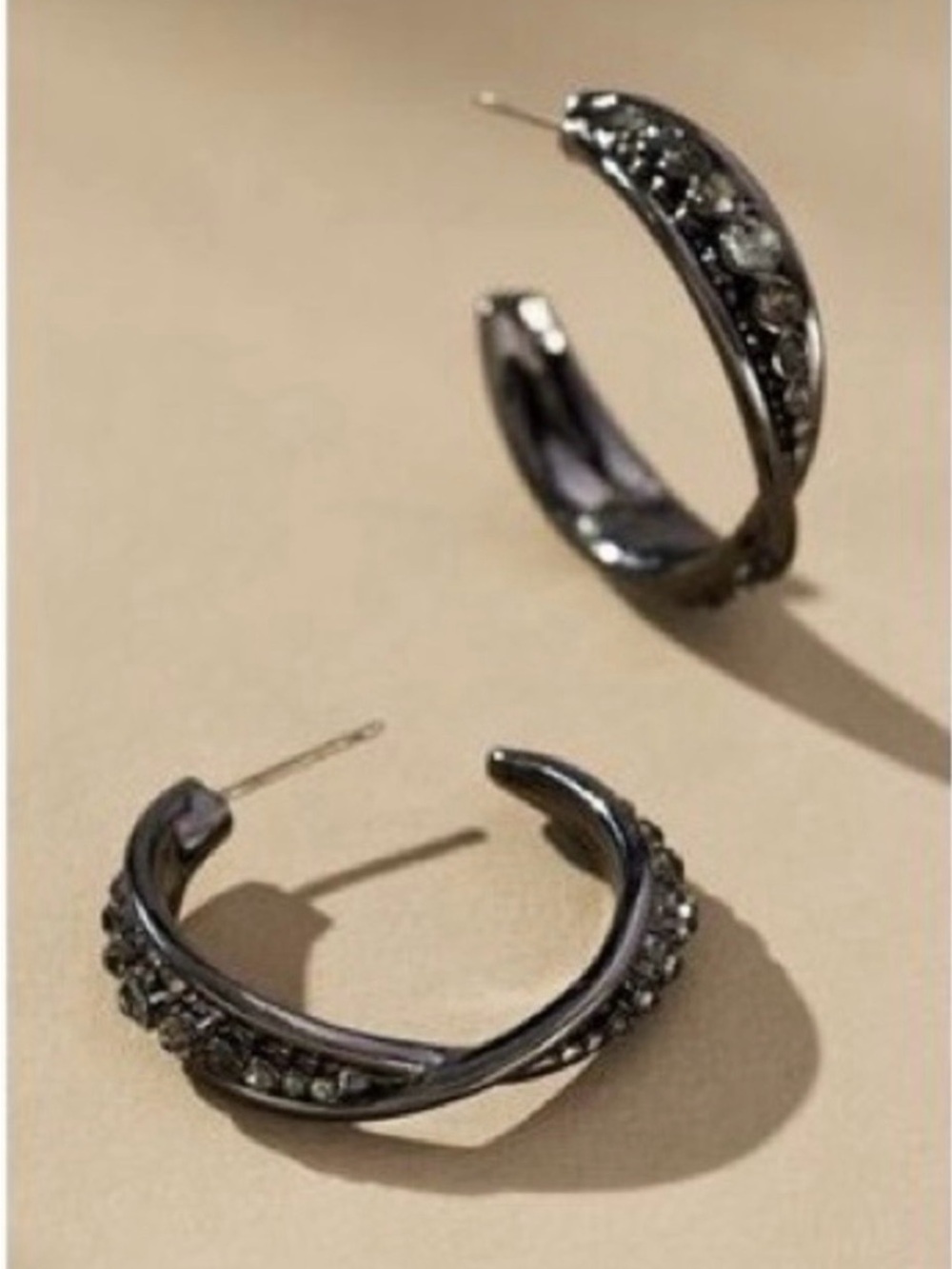 Anthropologie Gunmetal Twisted Hoop Earrings with Crystal Accents